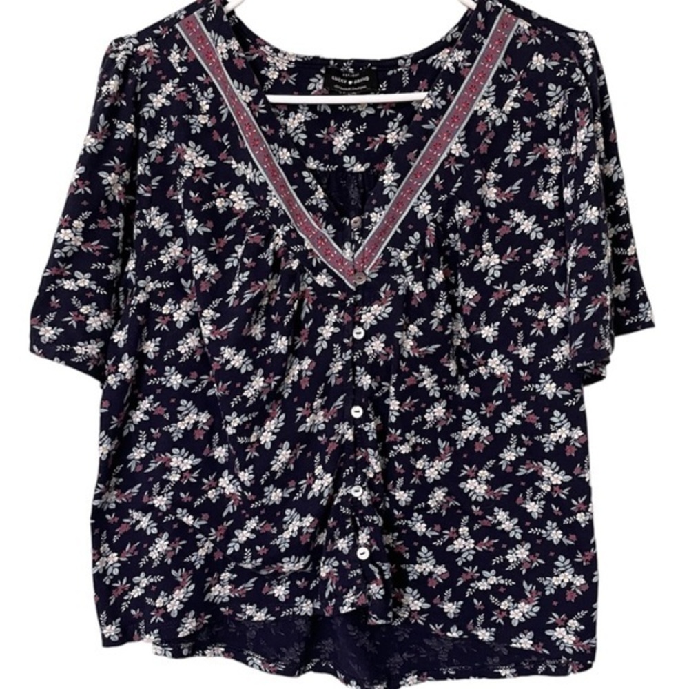 Lucky Brand Blue floral Print T Shirt Tee V Neck Short Sleeve Button Down Size L